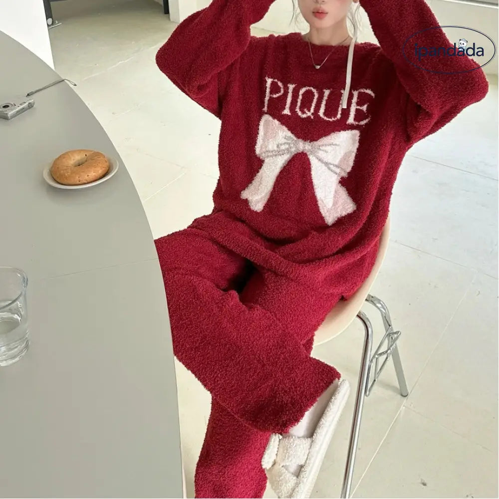 新作 インスタ 人気 リボン かわいい フリース レディース ゆったり ホームウェア パジャマ セットアップ 外出可 快適 柔らかい おしゃれ ルームウェア 自宅用 リラックス 着心地 ナチュラル ID2561