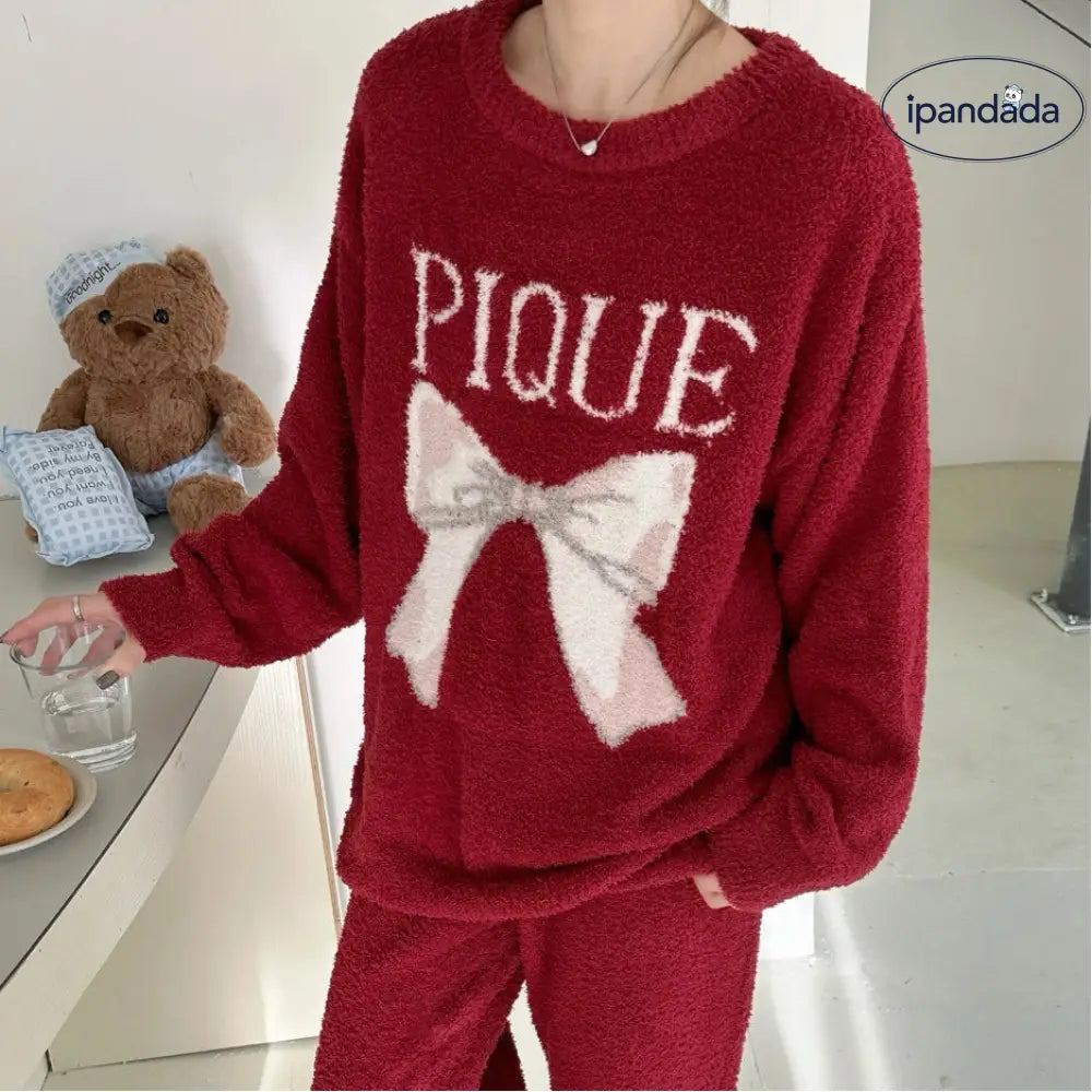 新作 インスタ 人気 リボン かわいい フリース レディース ゆったり ホームウェア パジャマ セットアップ 外出可 快適 柔らかい おしゃれ ルームウェア 自宅用 リラックス 着心地 ナチュラル ID2561