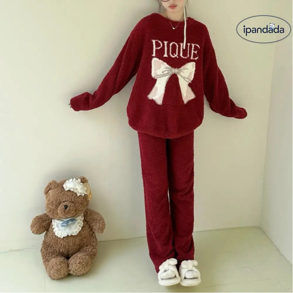 新作 インスタ 人気 リボン かわいい フリース レディース ゆったり ホームウェア パジャマ セットアップ 外出可 快適 柔らかい おしゃれ ルームウェア 自宅用 リラックス 着心地 ナチュラル ID2561