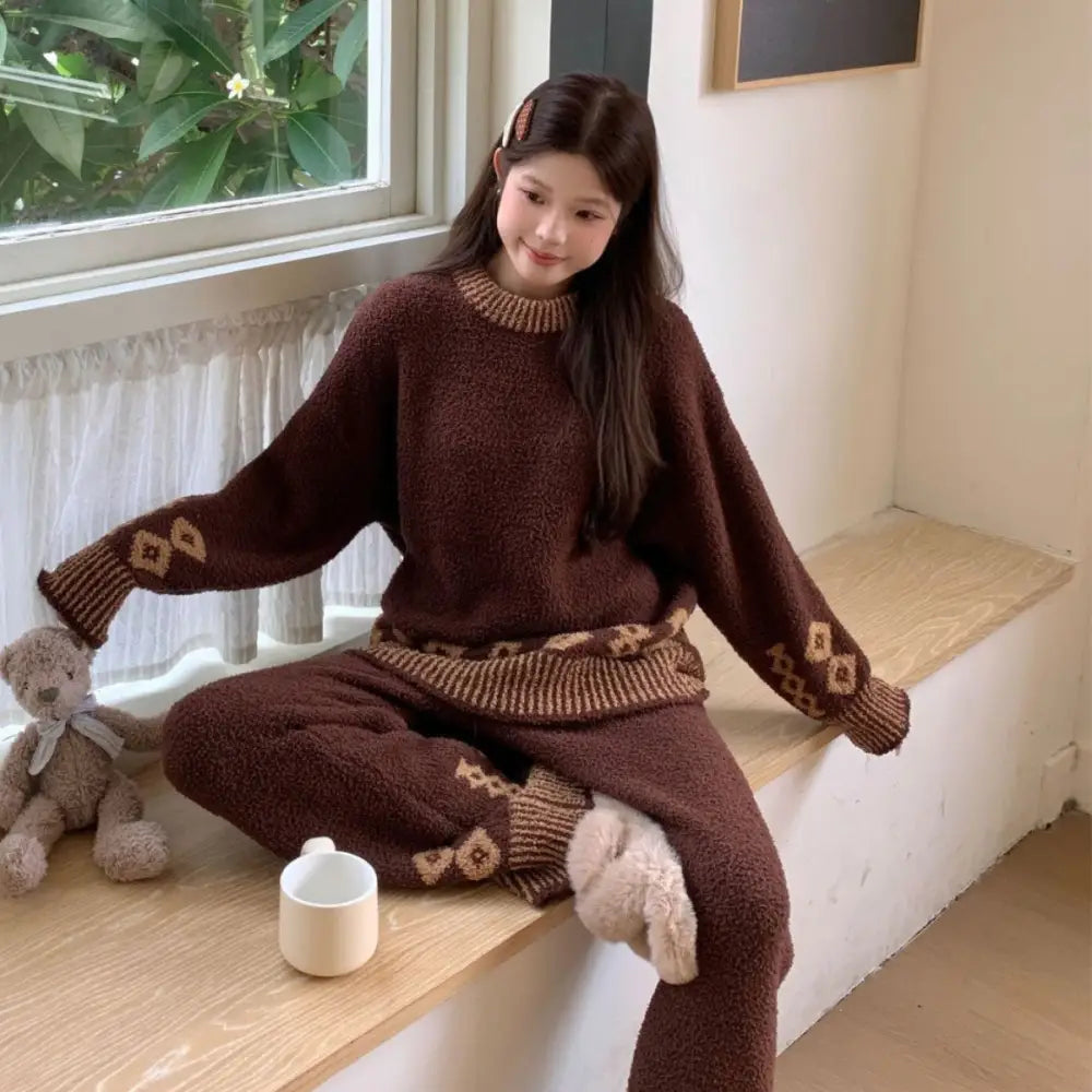 かわいい パジャマ ゆったり プルオーバー ふわふわ 厚手 リラックススタイル 女性用 ルームウェア ID3696 ブラウン / フリー