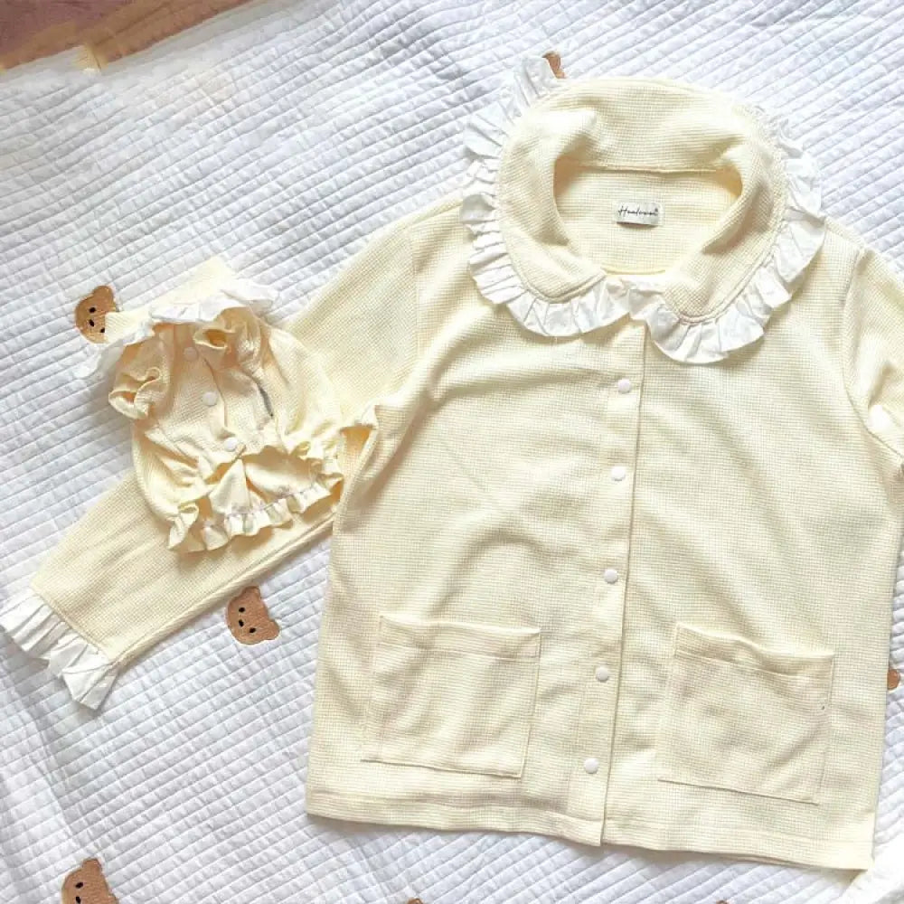 かわいい ペット 猫 犬 服 親子 パジャマ プリンセス レース ワッフル セットアップ 綿100% オフホワイト ペア おそろい オーナーウェア ペットウェア 高級 着心地 快適 通気性 吸汗 柔らかい 春 夏 おしゃれ デザイン