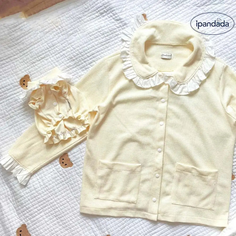 かわいい ペット 猫 犬 服 親子 パジャマ プリンセス レース ワッフル セットアップ 綿100% オフホワイト ペア おそろい オーナーウェア ペットウェア 高級 着心地 快適 通気性 吸汗 柔らかい 春 夏 おしゃれ デザイン