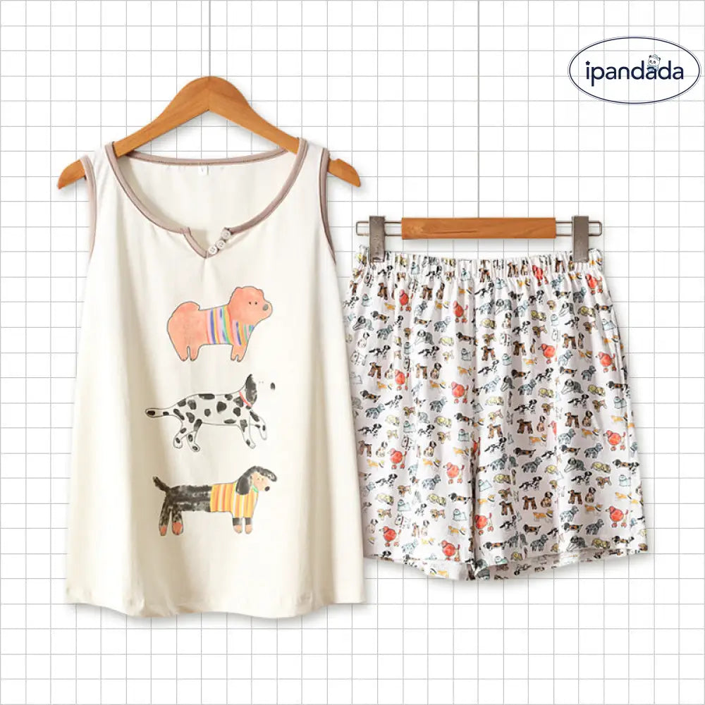 ID1624 かわいい 犬のカートゥーン スウィート 春夏用 パジャマ 女性用 タンクトップ ショートパンツ 半袖 セットアップ カジュアル 部屋着 ベージュ / L レディース＞セットアップ
