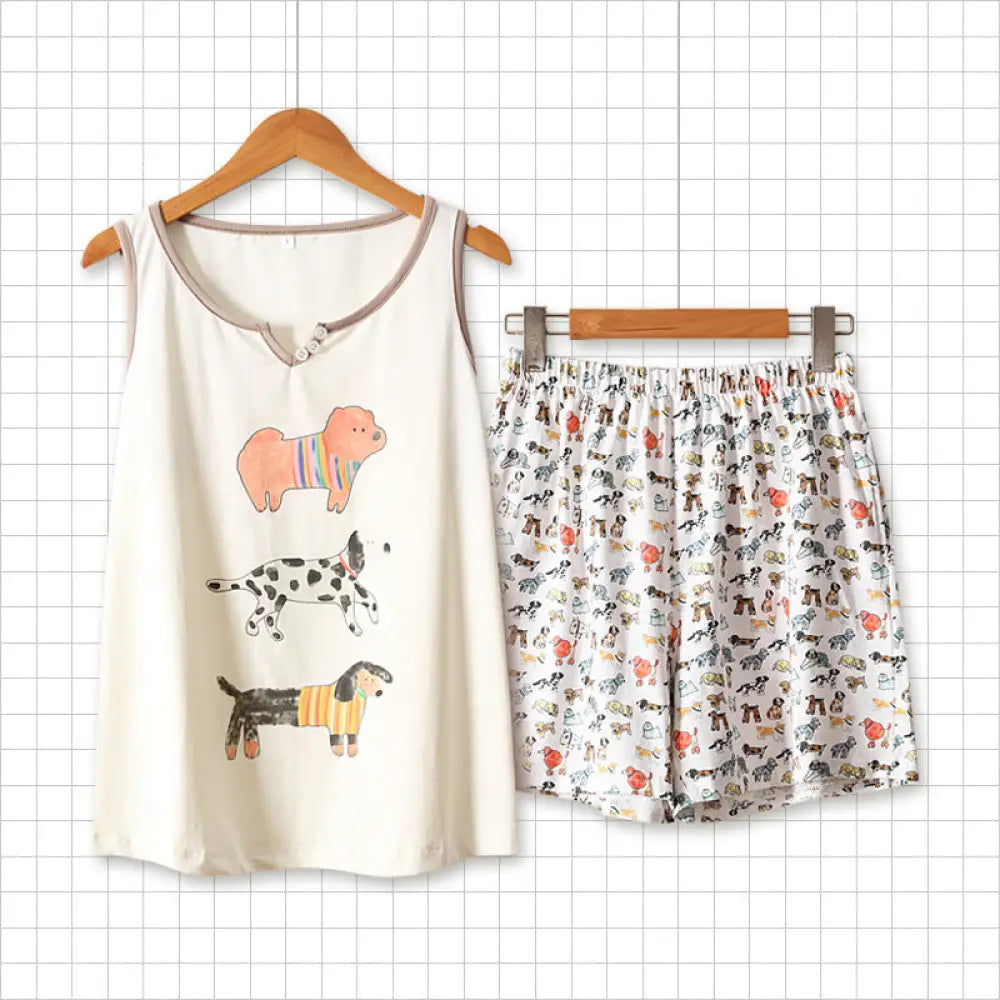 ID1624  かわいい 犬のカートゥーン スウィート 春夏用 パジャマ 女性用 タンクトップ ショートパンツ 半袖 セットアップ カジュアル 部屋着