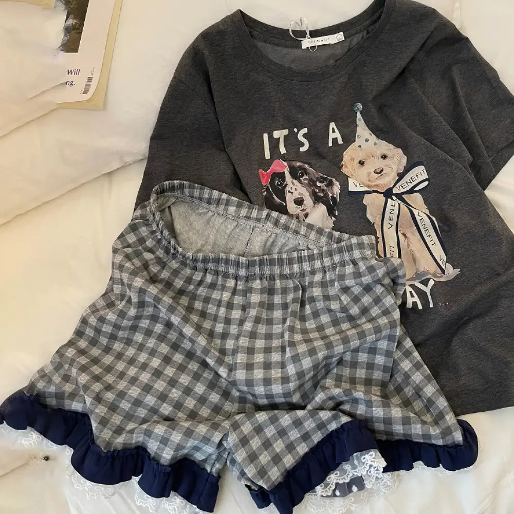 ID1252 かわいい犬プリント パジャマセット 半袖 + チェック柄レース半パン ゆったりサイズ 通気性 学生向け レディース＞セットアップ