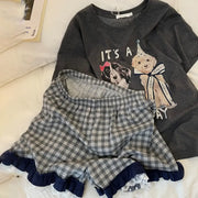 ID1252 かわいい犬プリント パジャマセット 半袖 + チェック柄レース半パン ゆったりサイズ 通気性 学生向け レディース＞セットアップ
