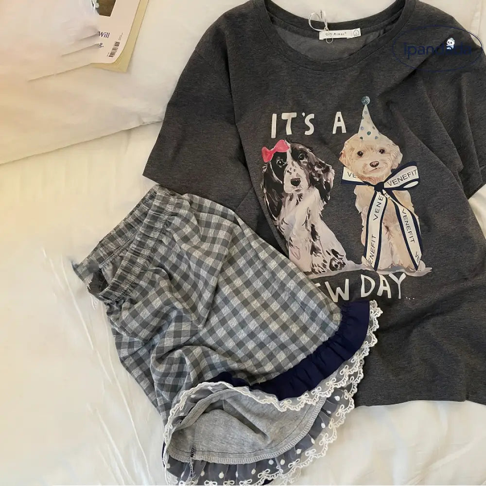 ID1252 かわいい犬プリント パジャマセット 半袖 + チェック柄レース半パン ゆったりサイズ 通気性 学生向け レディース＞セットアップ