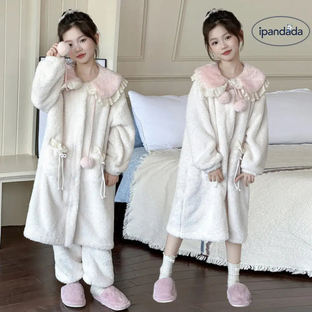 かわいい レース付き サンゴフリース パジャマ 女の子 秋冬 裏起毛 厚手 フード付き スウィート ルームウェア ID3283