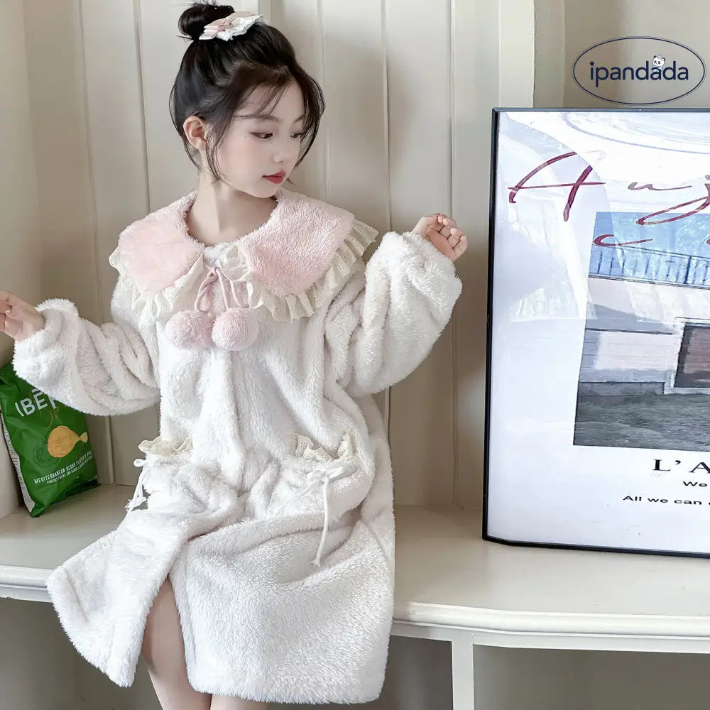 かわいい レース付き サンゴフリース パジャマ 女の子 秋冬 裏起毛 厚手 フード付き スウィート ルームウェア ID3283