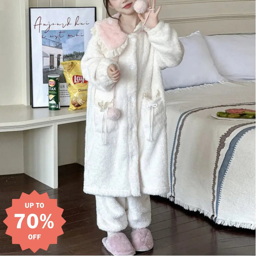 かわいい レース付き サンゴフリース パジャマ 女の子 秋冬 裏起毛 厚手 フード付き スウィート ルームウェア ID3283