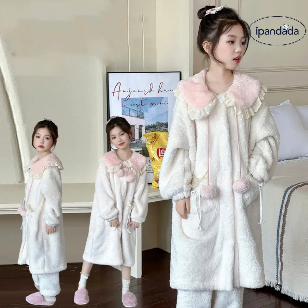 かわいい レース付き サンゴフリース パジャマ 女の子 秋冬 裏起毛 厚手 フード付き スウィート ルームウェア ID3283