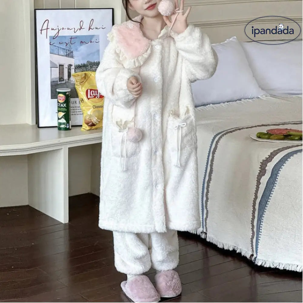 かわいい レース付き サンゴフリース パジャマ 女の子 秋冬 裏起毛 厚手 フード付き スウィート ルームウェア ID3283