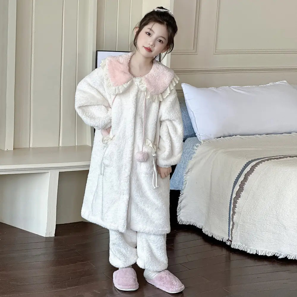 かわいい レース付き サンゴフリース パジャマ 女の子 秋冬 裏起毛 厚手 フード付き スウィート ルームウェア ID3283 写真通り / 120cm