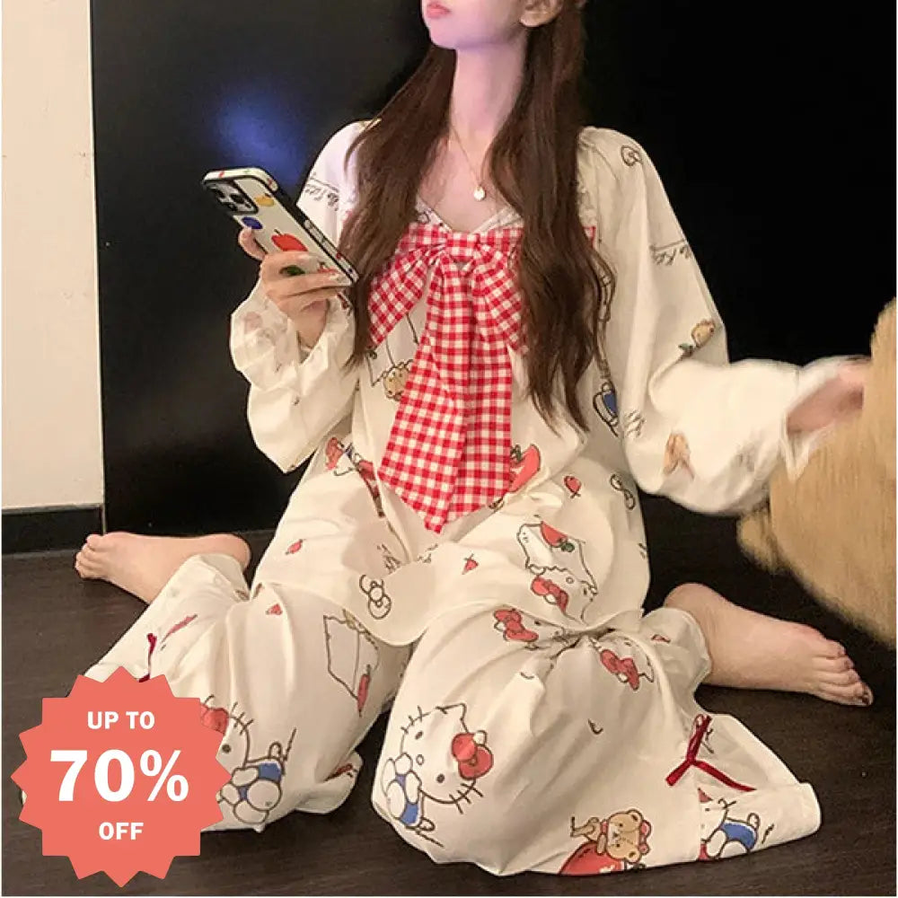 かわいい リボン柄 パジャマ レディース 春夏 長袖 甘め ガーリー フェミニン 少女 大きいサイズ ビッグサイズ 柔らか 肌触り ルームウェア 部屋着 セットアップ ツーピース おしゃれ リラックス プレゼント ギフト ID4258