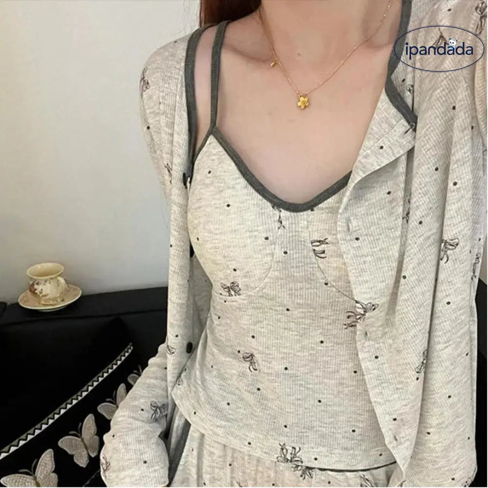 かわいい リボン キャミソール パジャマ レディース もこもこ ルームウェア 上下セット 春秋 長袖 ルームウェア 3点セット 外出可能 ID3878 レディース＞セットアップ