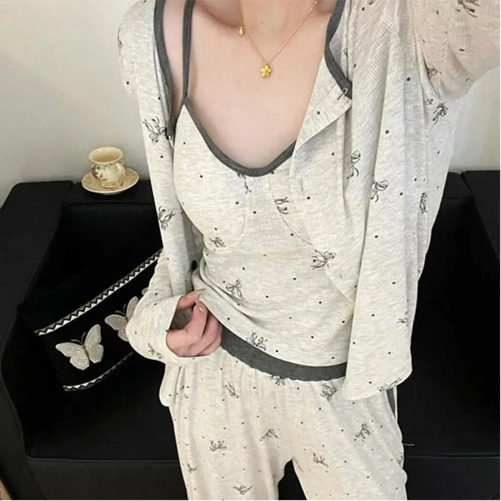 かわいい リボン キャミソール パジャマ レディース もこもこ ルームウェア 上下セット 春秋 長袖 ルームウェア 3点セット 外出可能 ID3878 写真通り / S レディース＞セットアップ