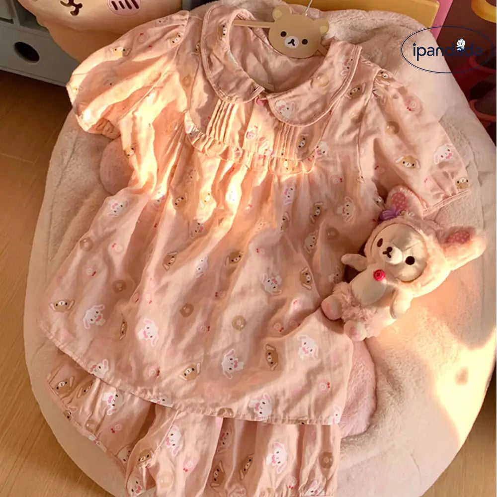ID1593 かわいい 少女 くつろぎくま プリント 半袖 パジャマ レディース 夏 2025 新作 ゆったり 快適 ショートパンツ セット ルームウェア