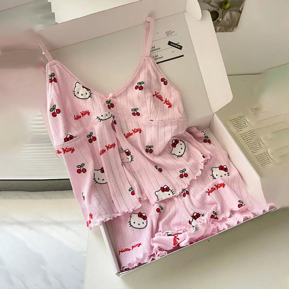 ID1530 かわいい 少女系 スイート ハローキティ ノースリーブ パジャマ レディース 夏 ピュア＆セクシー ショートパンツ ルームウェア インスタ人気 爆売れ 涼感 通気性 着心地良い 写真通り（2点セット） / S