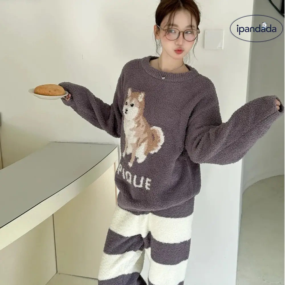 かわいい シバ犬 厚手 カップル ソフト フワフワ ルームウェア レディース パジャマ セット ID2904