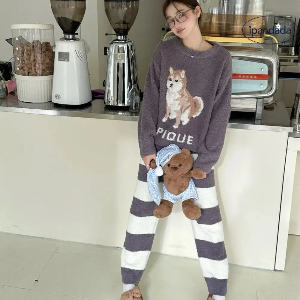 かわいい シバ犬 厚手 カップル ソフト フワフワ ルームウェア レディース パジャマ セット ID2904