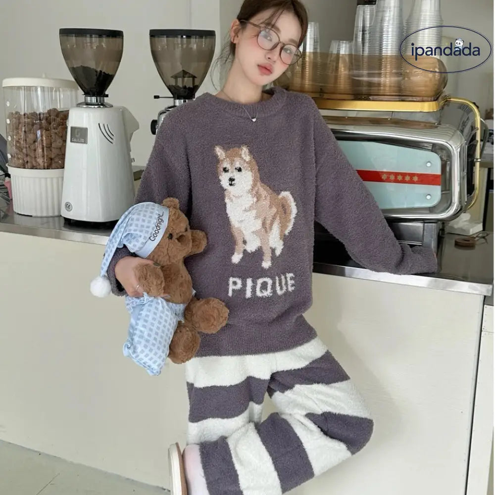 かわいい シバ犬 厚手 カップル ソフト フワフワ ルームウェア レディース パジャマ セット ID2904