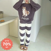 かわいい シバ犬 厚手 カップル ソフト フワフワ ルームウェア レディース パジャマ セット ID2904