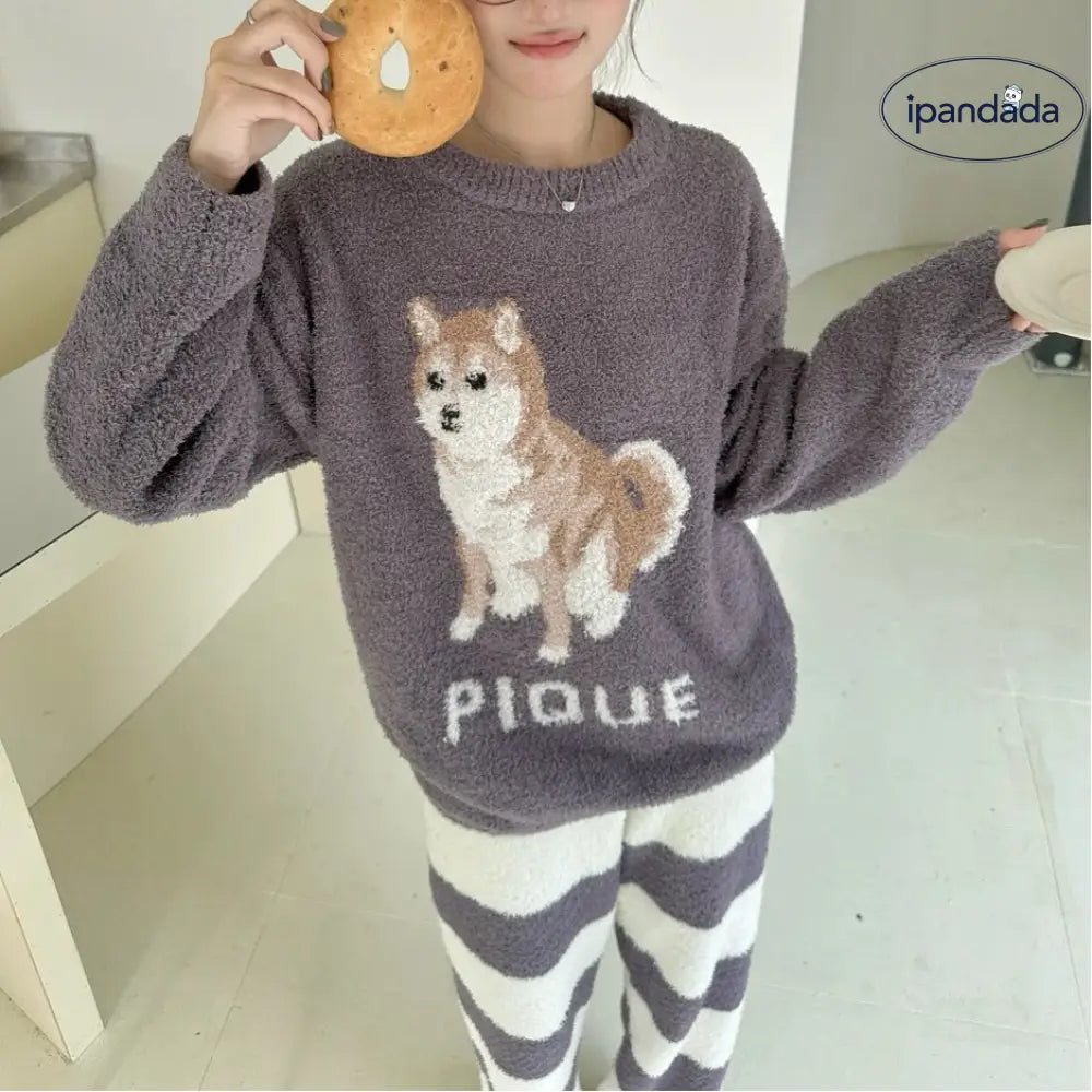 かわいい シバ犬 厚手 カップル ソフト フワフワ ルームウェア レディース パジャマ セット ID2904