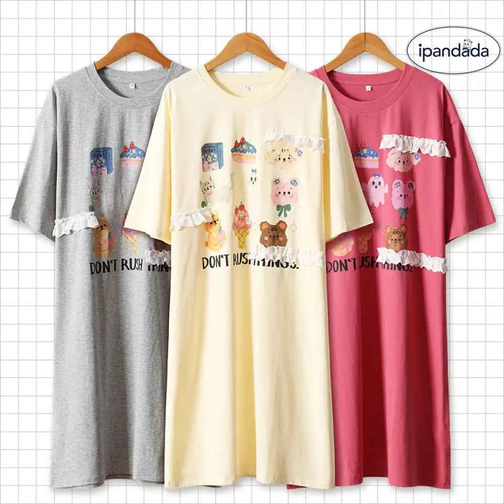 ID1554 かわいい シンプル カートゥーン 春夏用 コットン パジャマ ワンピース レディース 半袖 ルームウェア 外出可能