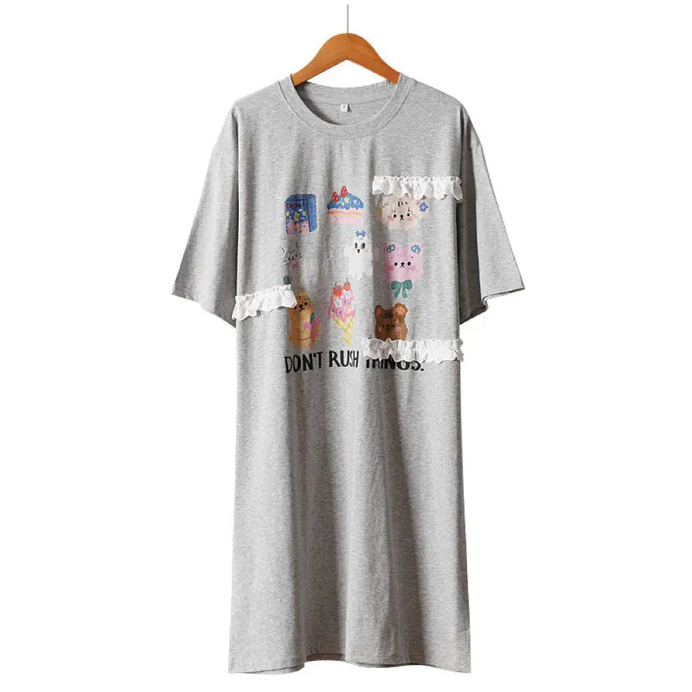 ID1554 かわいい シンプル カートゥーン 春夏用 コットン パジャマ ワンピース レディース 半袖 ルームウェア 外出可能 レッド / フリー レディース＞ワンピース