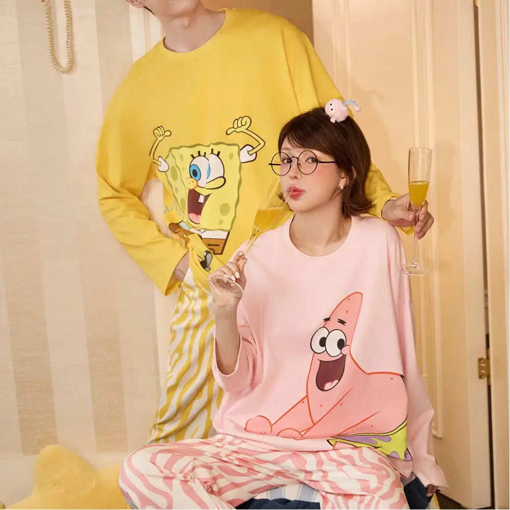 かわいい スポンゲボブ カップル パジャマ セット 秋 春 長袖 長ズボン オーバーサイズ ルームウェア 男女兼用 軽量 柔らかい 肌ざわり最高 ギフト ID4158 コーディネート＞ペアルック
