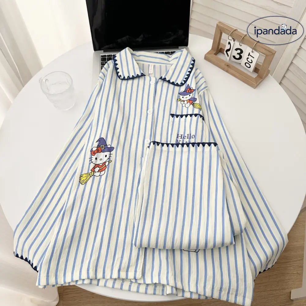 かわいい ストライプ KTキャット コットン パジャマ 女性 春秋用 カーディガン 部屋着 かわいい 可愛い 長ズボン 長袖 ルームウェア セット ID4373 レディース＞セットアップ