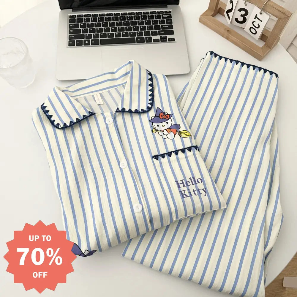 かわいい ストライプ KTキャット コットン パジャマ 女性 春秋用 カーディガン 部屋着 かわいい 可愛い 長ズボン 長袖 ルームウェア セット ID4373 レディース＞セットアップ