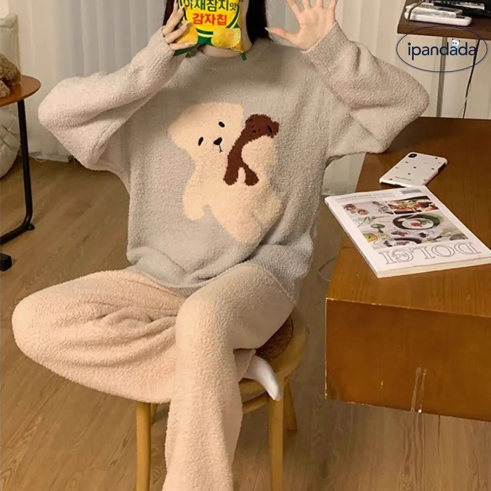 かわいい 小熊 フリース パジャマ レディース 秋冬用 コーラルフリース 冬用 カジュアル かわいい ルームウェア 外出用 ID2630