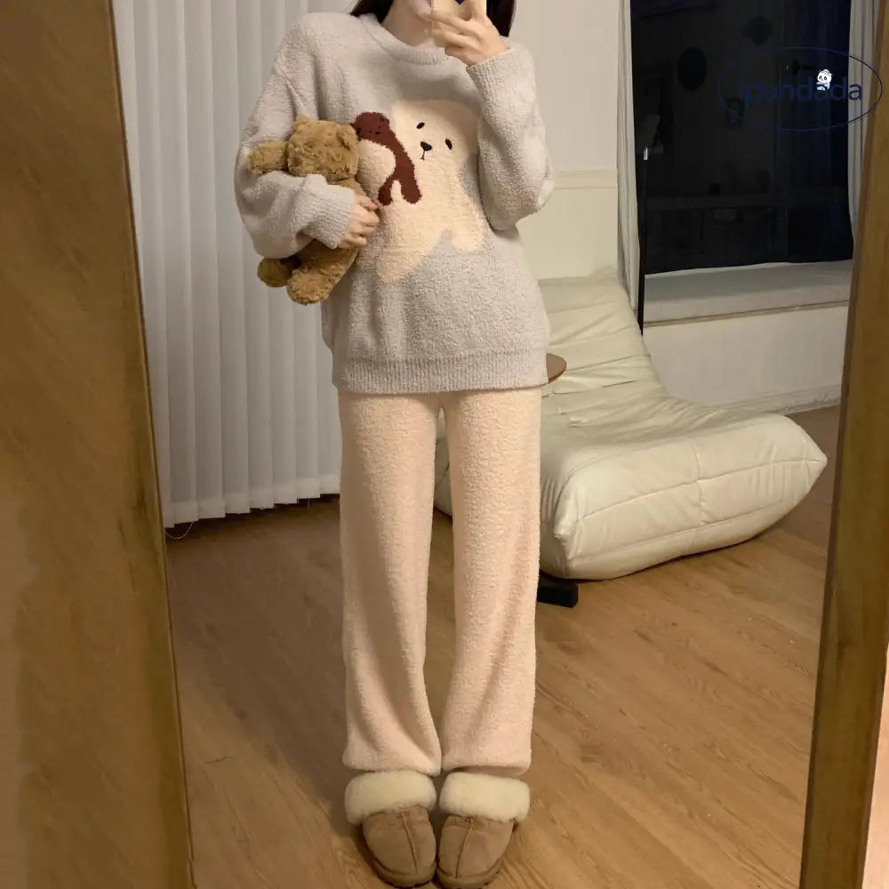 かわいい 小熊 フリース パジャマ レディース 秋冬用 コーラルフリース 冬用 カジュアル かわいい ルームウェア 外出用 ID2630