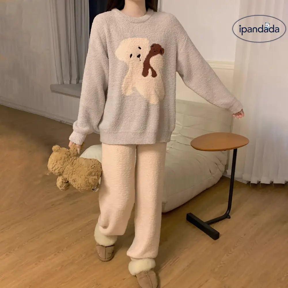 かわいい 小熊 フリース パジャマ レディース 秋冬用 コーラルフリース 冬用 カジュアル かわいい ルームウェア 外出用 ID2630