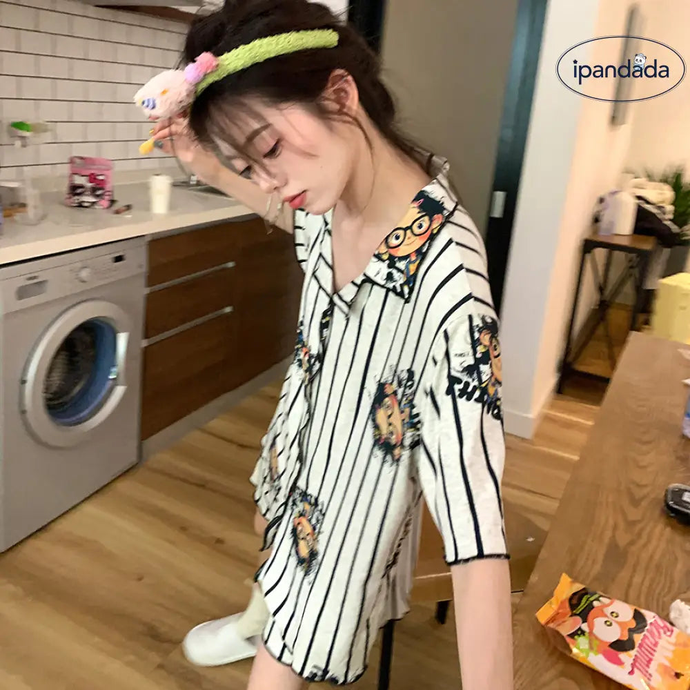 ID1260 【かわいいキャラクター柄】ストライプパジャマセット 夏用 半袖 + 半パン 肌触り最高 通気性抜群 おしゃれ部屋着 レディース＞セットアップ