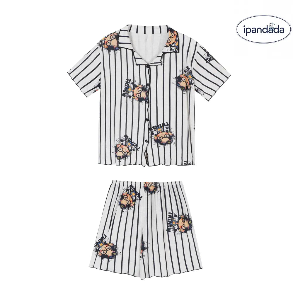 ID1260 【かわいいキャラクター柄】ストライプパジャマセット 夏用 半袖 + 半パン 肌触り最高 通気性抜群 おしゃれ部屋着 レディース＞セットアップ