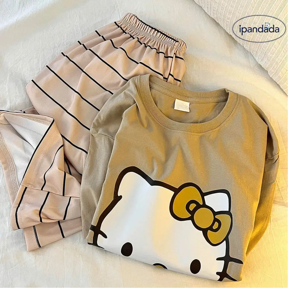 可愛い 半袖 パジャマ レディース 春夏 新作 ストライプ ロングパンツ ルームウェア セット ID4397