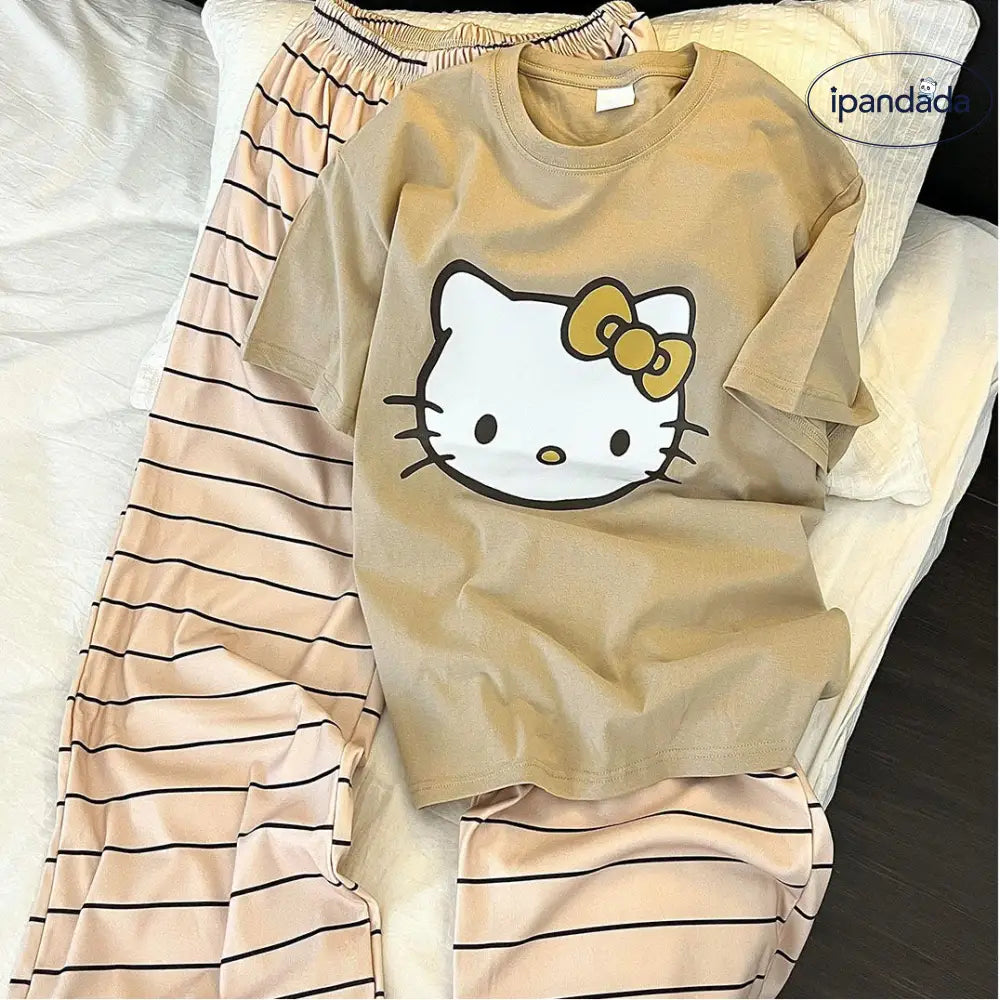 可愛い 半袖 パジャマ レディース 春夏 新作 ストライプ ロングパンツ ルームウェア セット ID4397