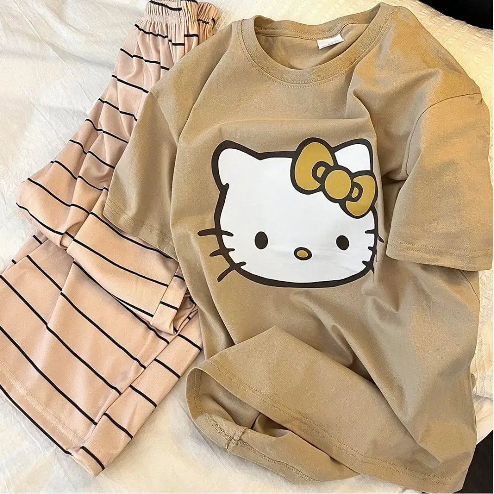 可愛い 半袖 パジャマ レディース 春夏 新作 ストライプ ロングパンツ ルームウェア セット ID4397 写真通り / S