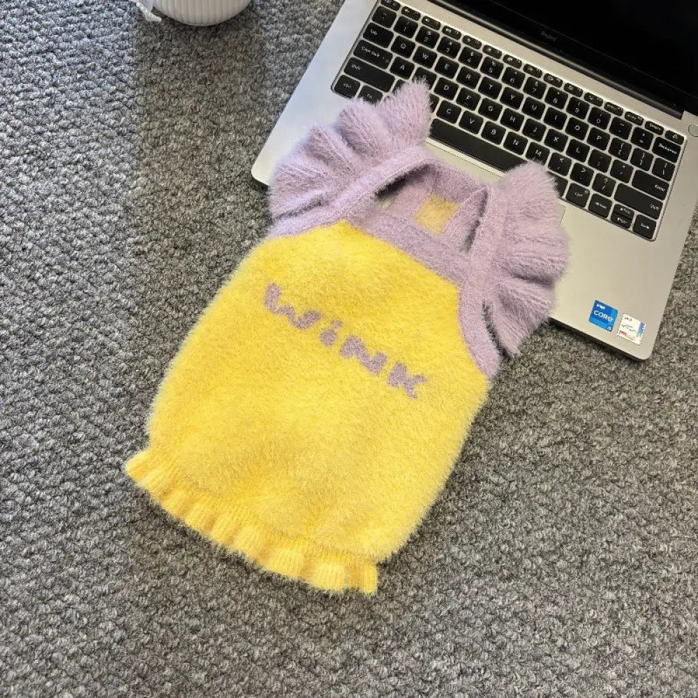 可愛い 保温 ペット フリル ストラップ セーター 猫 犬 秋冬 ヨークシャー マルチーズ ID2763 イエロー / 2XS