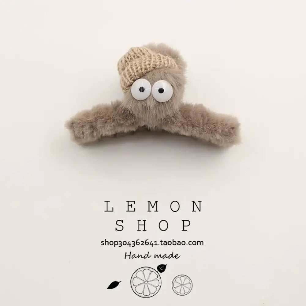 可愛い ファー付き ヘアクリップ 秋冬 新作 高級感 鮫型 クリップ バックヘア ID3275 ブラウン / 11cm