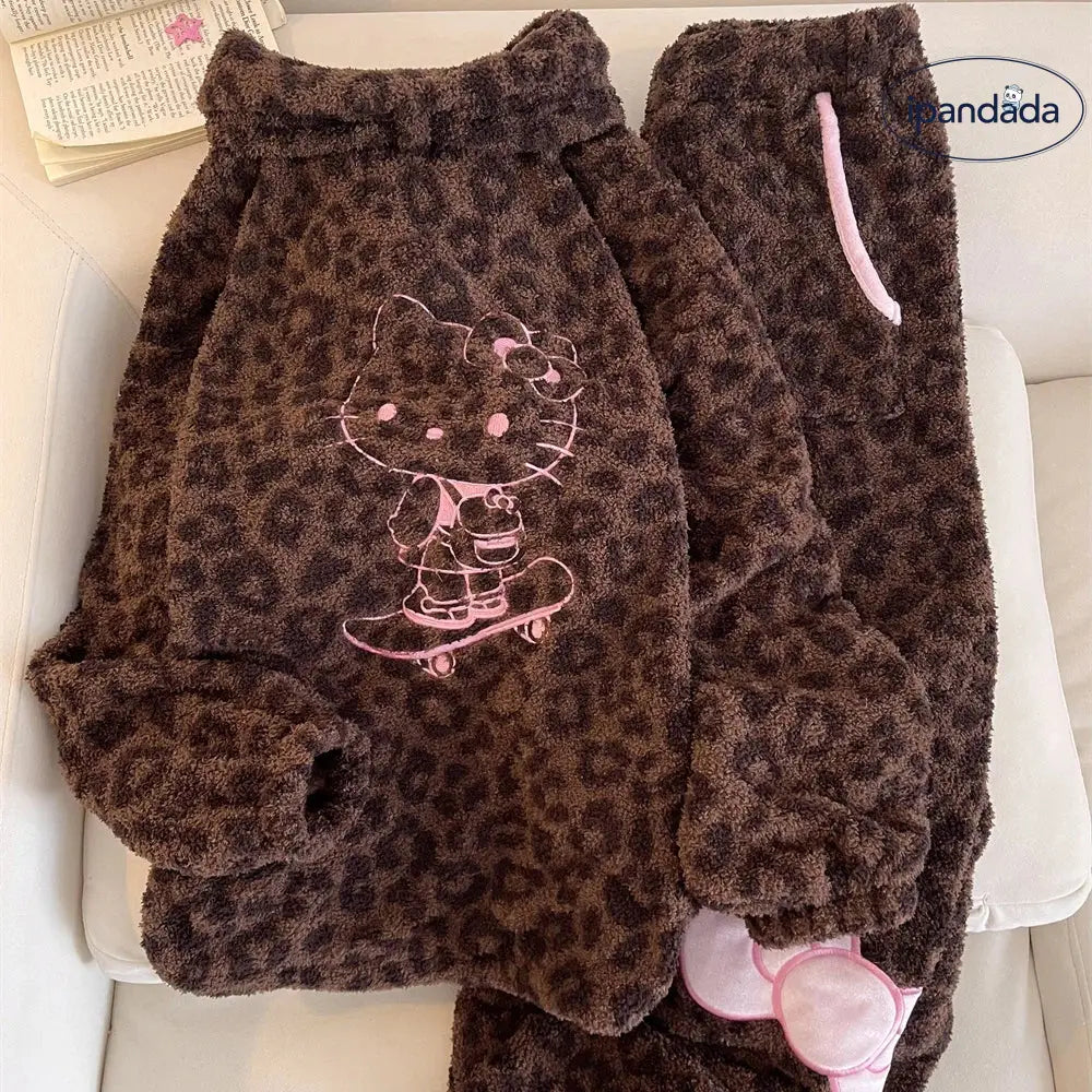 可愛い カートゥーン ヒョウ柄 キティ 立ち襟 コーラルフリース パジャマ レディース 秋冬用 保温 インスタ ルームウェア セット ID3079