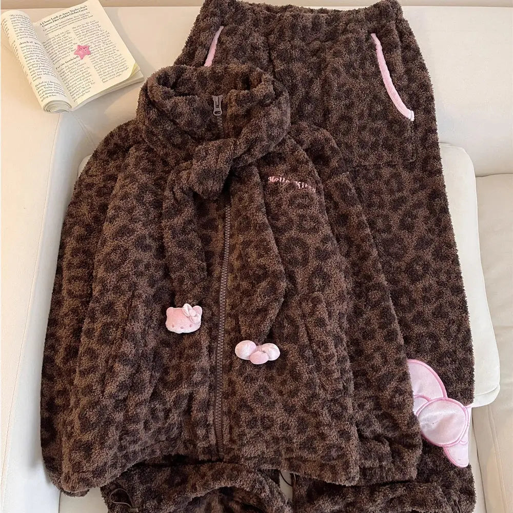 可愛い カートゥーン ヒョウ柄 キティ 立ち襟 コーラルフリース パジャマ レディース 秋冬用 保温 インスタ ルームウェア セット ID3079 写真通り / S