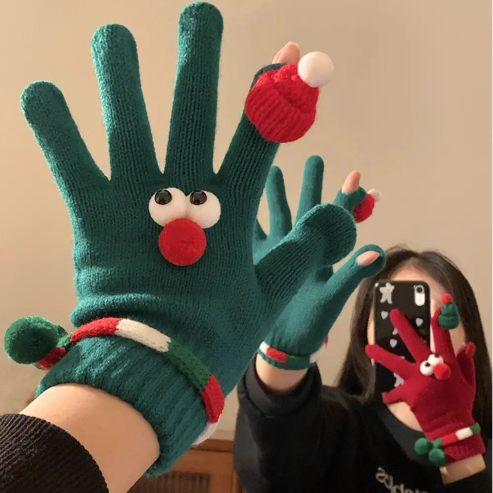 可愛い クリスマス レッド フィンガーレス ニット 五指 手袋 レディース 冬 保温 防寒 サイクリング ID2762 グリーン / フリー