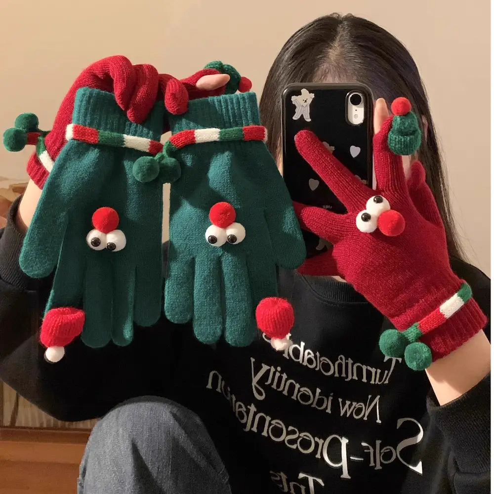 可愛い クリスマス レッド フィンガーレス ニット 五指 手袋 レディース 冬 保温 防寒 サイクリング ID2762