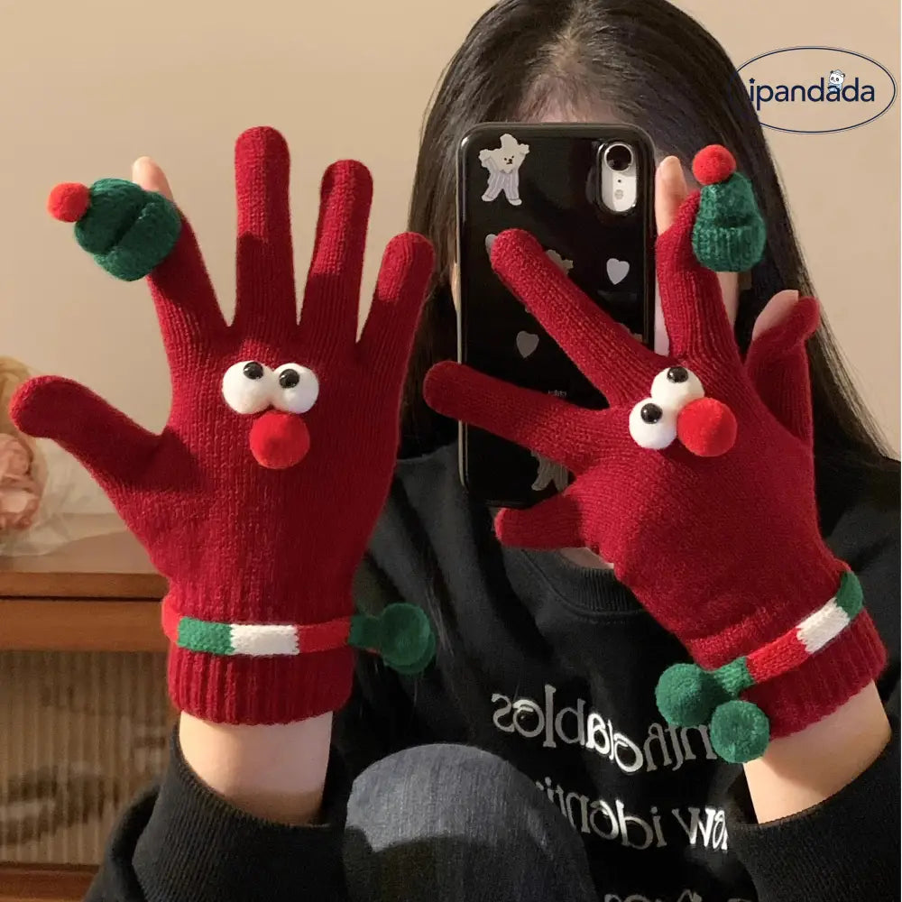 可愛い クリスマス レッド フィンガーレス ニット 五指 手袋 レディース 冬 保温 防寒 サイクリング ID2762