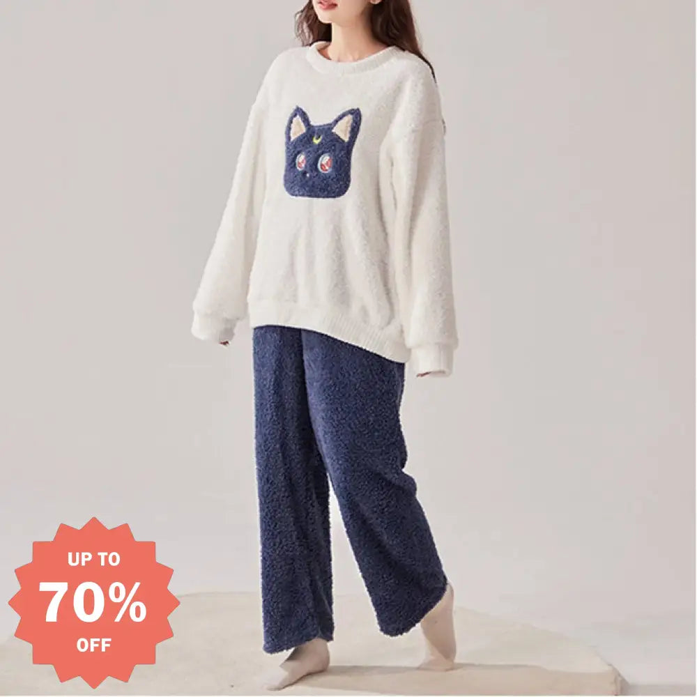 可愛い 猫頭 フリース レディース パジャマ カジュアル 冬用 保温 コーラルフリース ラウンドネック 快適 甜美 ルームウェア セットアップ ID2564