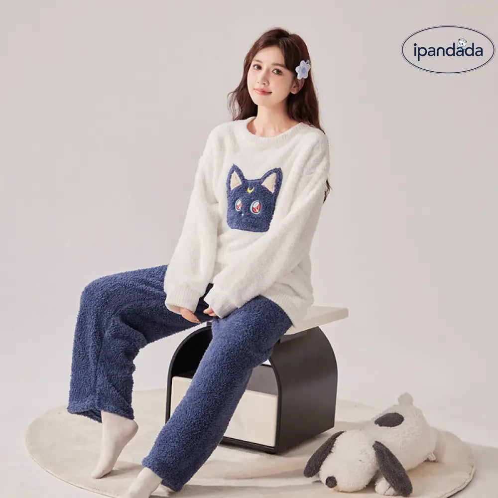 可愛い 猫頭 フリース レディース パジャマ カジュアル 冬用 保温 コーラルフリース ラウンドネック 快適 甜美 ルームウェア セットアップ ID2564
