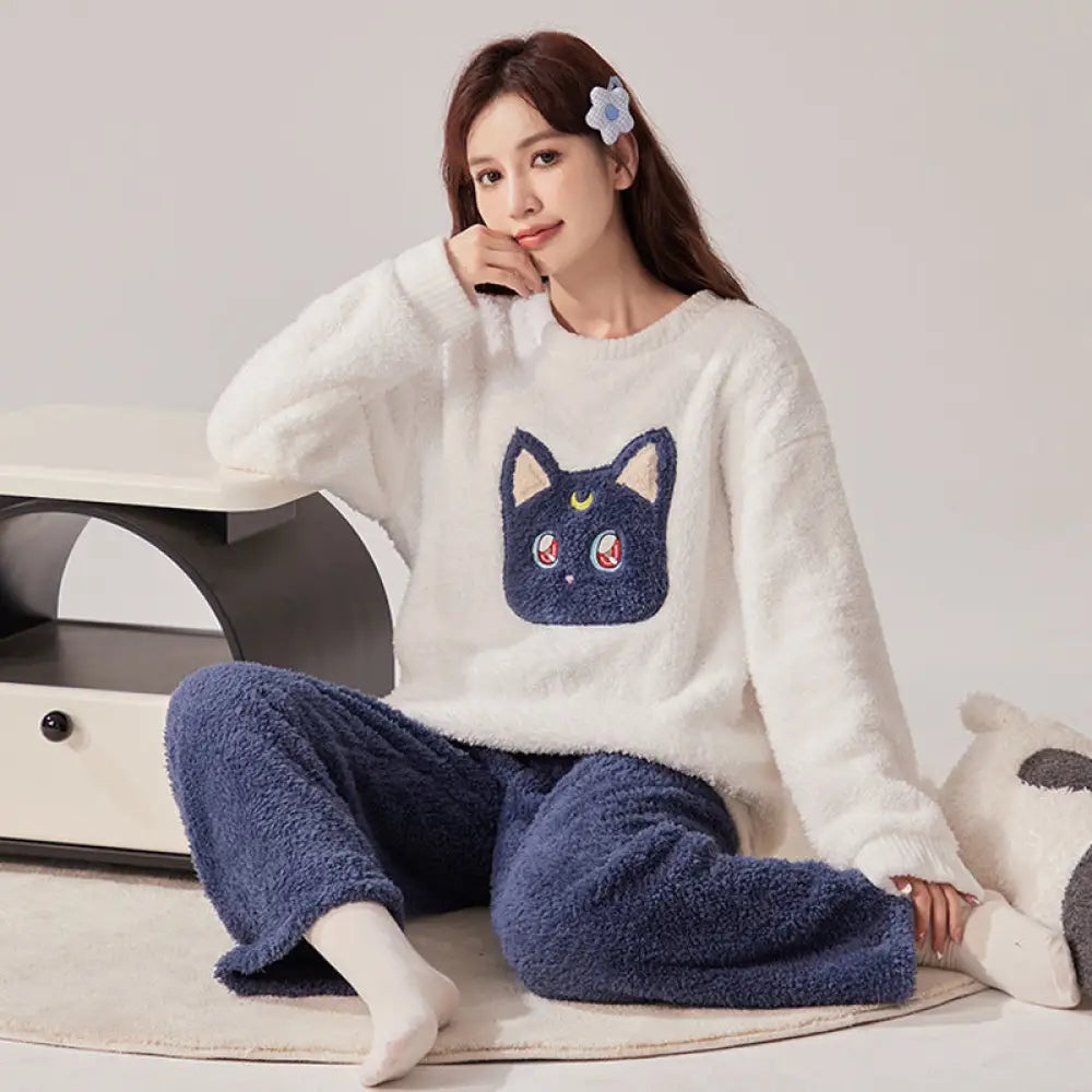 可愛い 猫頭 フリース レディース パジャマ カジュアル 冬用 保温 コーラルフリース ラウンドネック 快適 甜美 ルームウェア セットアップ ID2564 写真通り / M